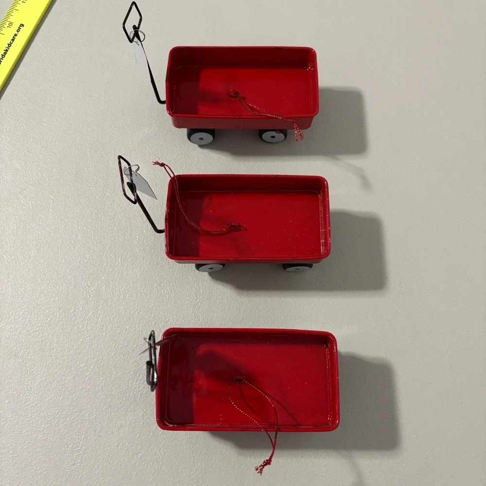 Set of 3 Miniature Red Metal‎ Merry Christmas Wagons Holiday Decor Ornaments